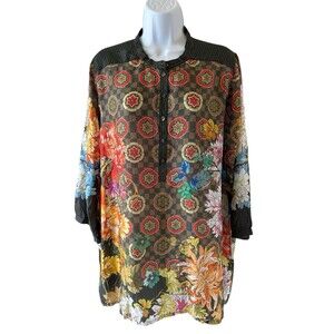 Johnny Was Plus Size Large Silk Bettina Tunic Bishop Sleeves Mixed Print Floral